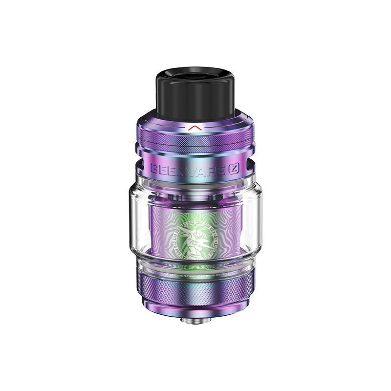Clearomiseur Geekvape Z Subohm 5 violet métallique de 29 mm avec réservoir en pyrex et gravure Zeus distinctive.