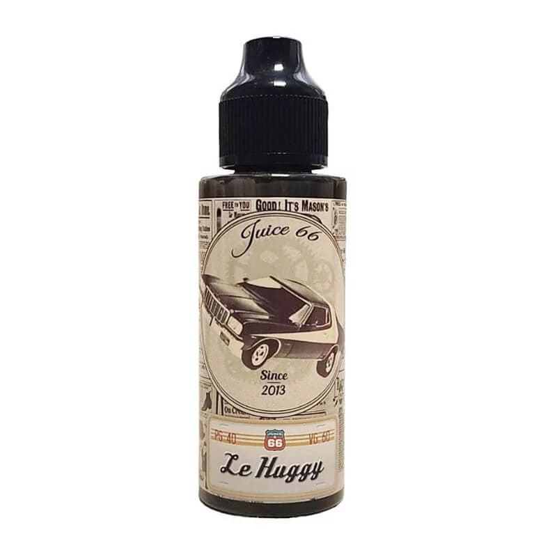 Flacon de 100ml E-liquide Juice 66 Le Huggy avec étiquette vintage illustrée d'une voiture rétro sur fond beige.