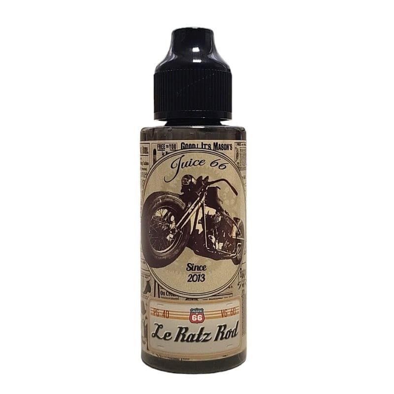 Flacon de 100ml Juice 66 Le Ratz Rod avec étiquette vintage style journal illustrée d'une moto sur fond blanc.