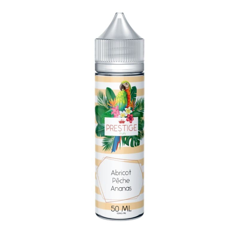 Flacon d'e-liquide Prestige Fruits 50ml avec étiquette rayée jaune, illustration de perroquet et motifs tropicaux.