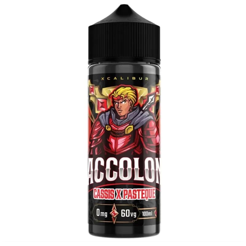 Flacon 100ml d'e-liquide Xcalibur Accolon avec étiquette illustrée d'un guerrier, saveurs cassis et pastÚque.
