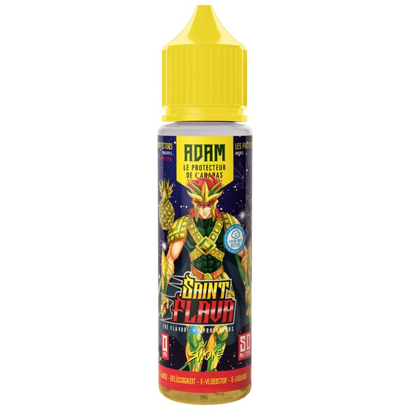 Flacon de 50 ml d'e-liquide Adam Saint Flava avec bouchon jaune, étiquette illustrée d'un guerrier et ananas.