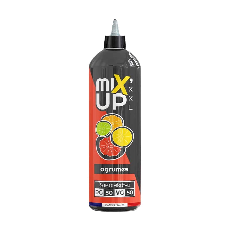 Flacon d'e-liquide Mix'Up XXL Agrumes 1L avec étiquette colorée, base végétale 50/50 et design moderne.