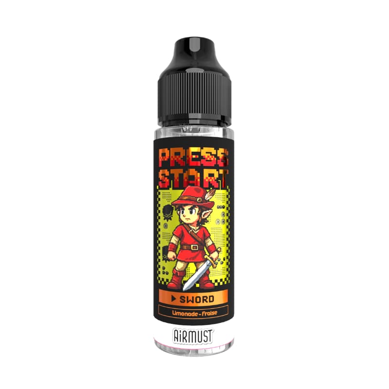 Flacon d'e-liquide Airmust Sword 50ml avec étiquette pixel art style rétro, personnage en rouge et bouchon noir.
