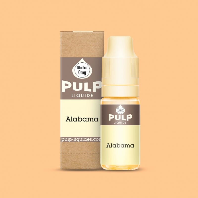 Flacon d'e-liquide PULP Alabama 10ml avec sa boĂźte en carton kraft sur fond orange clair.
