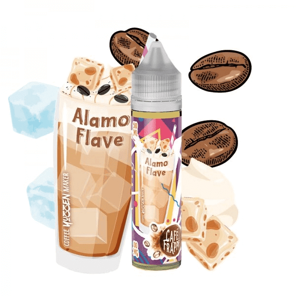 Flacon de e-liquide Alamo Flave 50ml Vape Institut avec illustration de café frappé, nougatine, glaçons et grains de café.