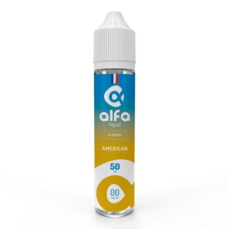 Flacon d'e-liquide Alfaliquid American 50ml avec étiquette bleue et jaune, bouchon blanc, format 0mg de nicotine.