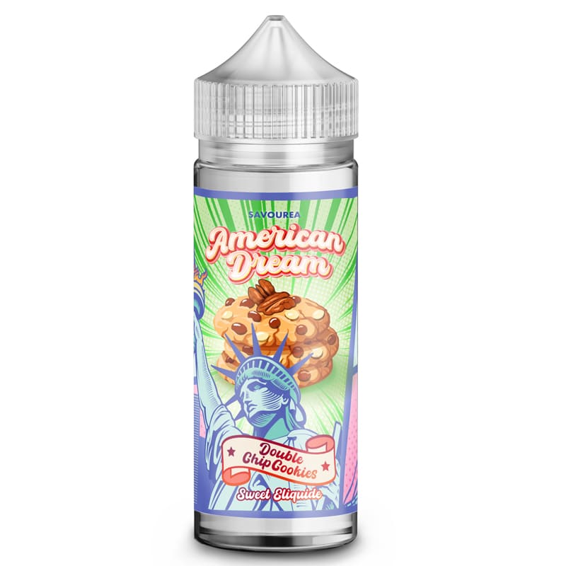 Flacon d'e-liquide Savourea American Dream Double Chip Cookie avec étiquette illustrée de la Statue de la Liberté et cookies.