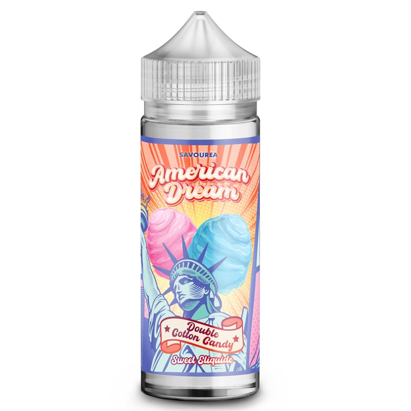 Flacon d'e-liquide Savourea American Dream Double Cotton Candy avec étiquette colorée illustrant la Statue de la Liberté.