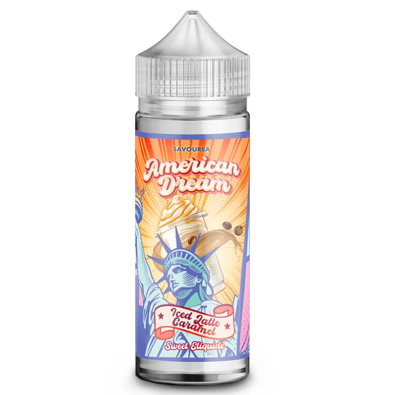 Flacon de e-liquide Savourea American Dream Iced Latte Caramel avec étiquette colorée illustrant la Statue de la Liberté.