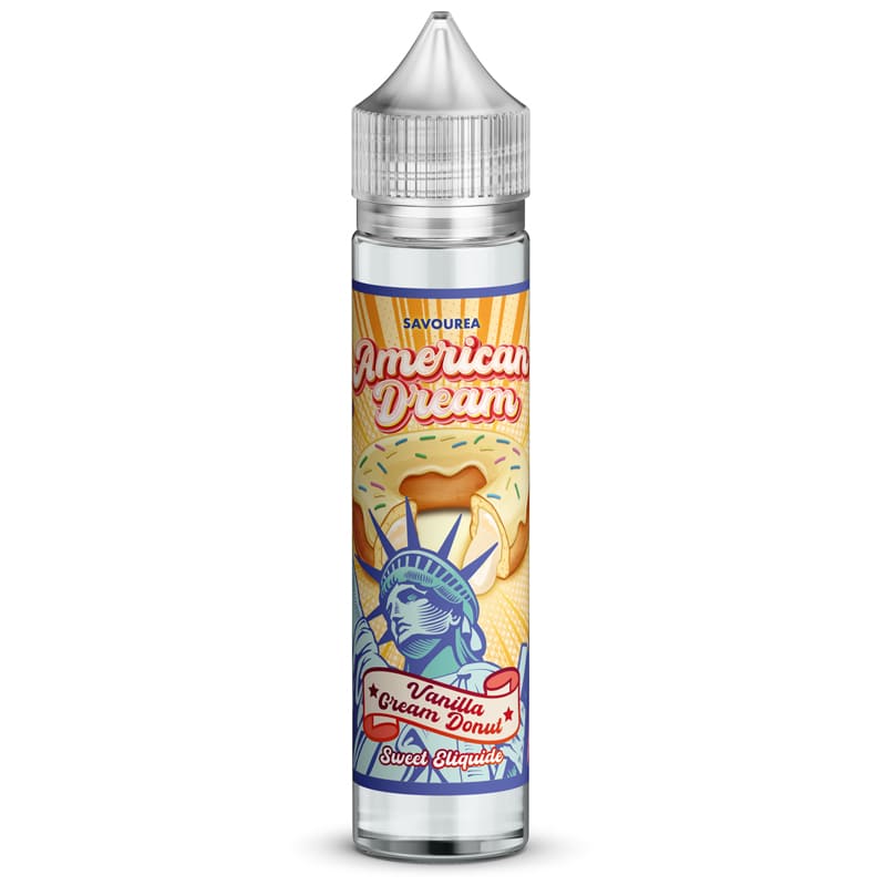 Flacon d'e-liquide Savourea American Dream Vanilla Cream Donut avec étiquette illustrée d'un donut et de la Statue de la Liberté.