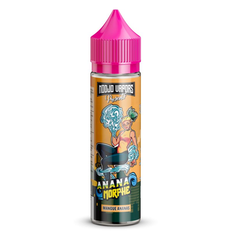Flacon d'e-liquide Anana Morphe 50ml Modjo Vapors avec bouchon rose et étiquette illustrée mangue et ananas.