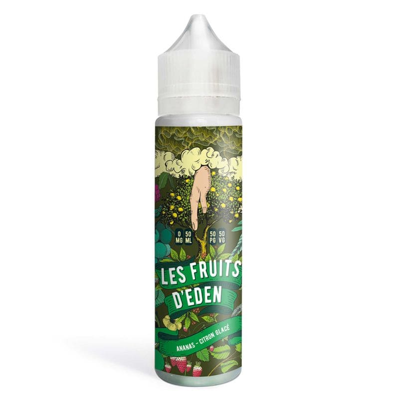 Flacon d'e-liquide 50ml Les Fruits d'Eden Ananas Citron Glacé avec étiquette illustrée aux motifs tropicaux colorés.