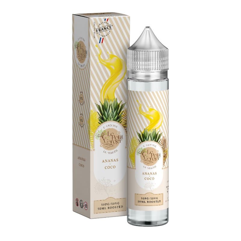 Flacon de 50ml et boîte d'e-liquide Ananas Coco Le Petit Verger par Savourea avec design tropical et bouchon transparent.
