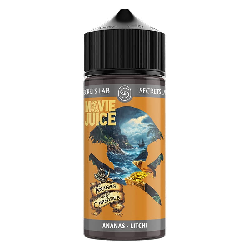 Flacon de 100ml Secret's Lab Movie Juice Ananas des Caraïbes avec étiquette illustrée sur fond orange et bouchon noir.