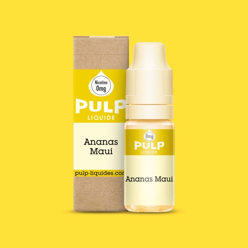 Flacon d'e-liquide PULP Ananas Maui 10ml avec son emballage cartonné jaune sur fond uni.