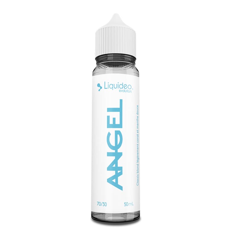 Flacon d'e-liquide Liquideo Angel 50ml avec étiquette blanche, texte bleu, bouchon blanc et ratio PG/VG 70/30.