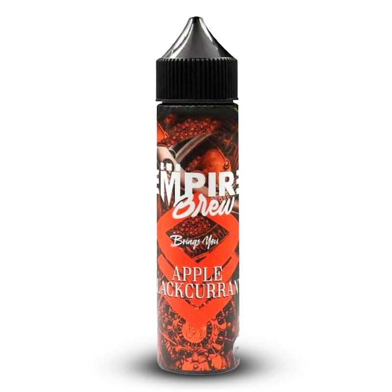 Flacon PET de 60 ml d'e-liquide Empire Brew Apple Blackcurrant avec étiquette rouge et noire, bouchon noir.