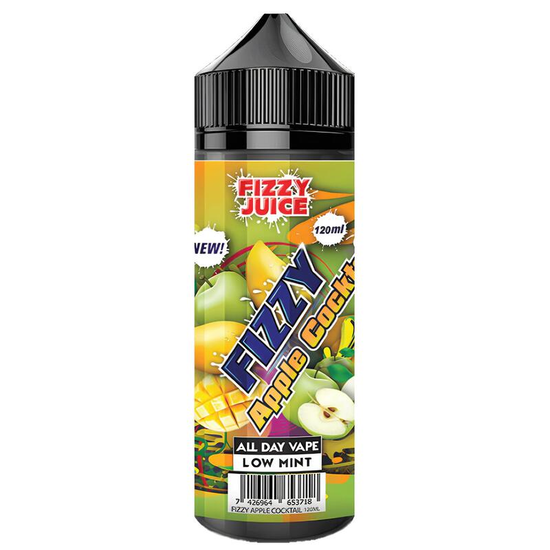 Flacon de 100ml Fizzy Juice Apple Cocktail avec étiquette colorée illustrant des pommes et des fruits tropicaux.