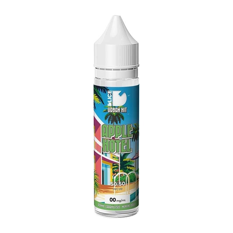 Flacon d'e-liquide 50ml Apple Hotel Urban Hit D'LICE avec étiquette colorée style rétro et bouchon blanc.