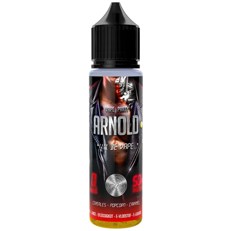 Flacon unicorn de 50ml Swoke Arnold avec étiquette illustrée, saveurs pop-corn, céréales et caramel, bouchon noir sécurisé.