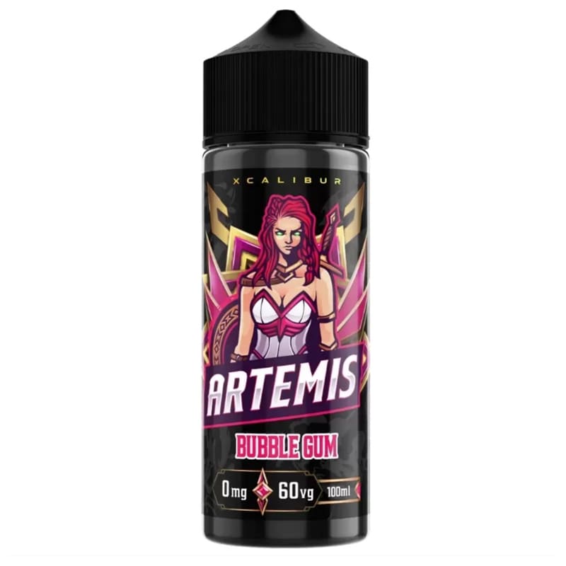 Flacon d'e-liquide Xcalibur Artemis 100ml avec illustration de guerrière rose et noire, bouchon noir sécurité enfant.
