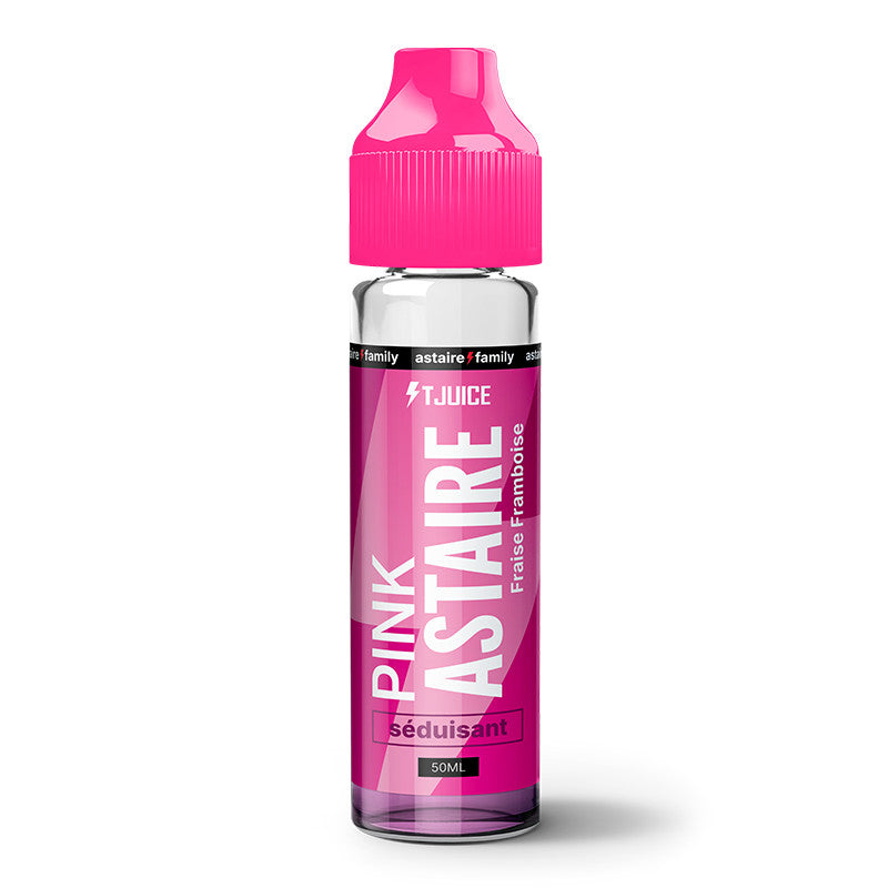 Flacon de 50ml d'e-liquide Pink Astaire T-Juice avec bouchon rose vif et étiquette aux tons framboise pour cigarette électronique.