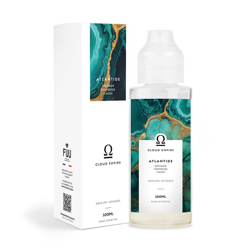 Flacon d'e-liquide 100ml Atlantide Cloud Empire FUU avec étiquette vert émeraude et dorée, accompagné de sa boîte cartonnée.