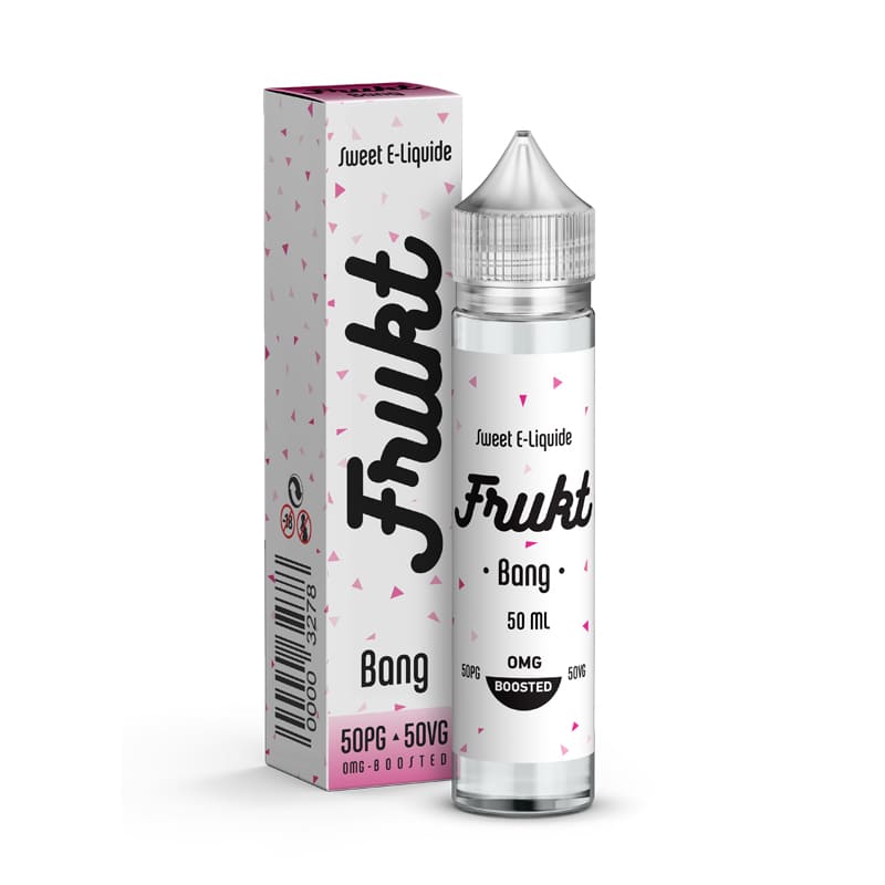 Flacon de e-liquide Frukt Bang 50ml Savourea avec boîte blanche à motifs triangulaires roses et noirs.