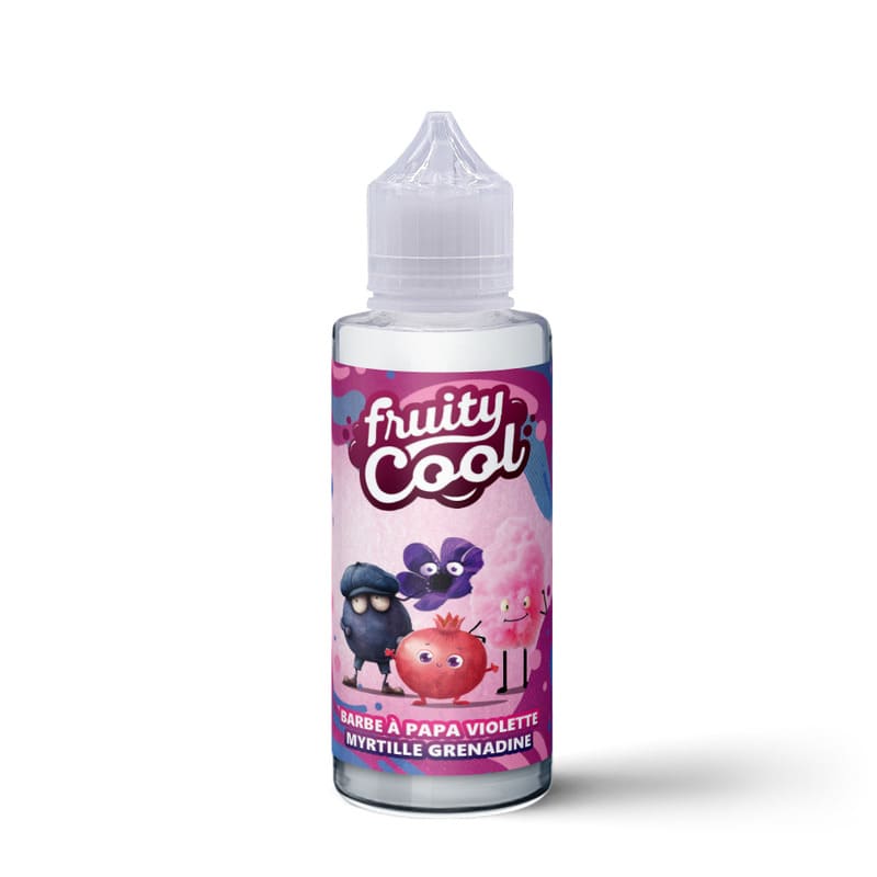 Flacon d'e-liquide Fruity Cool 100ml avec étiquette rose illustrée de personnages fruités et barbe à papa.