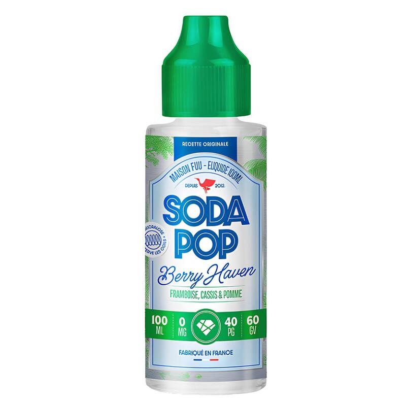 Flacon d'e-liquide The Fuu Soda Pop Berry Haven 100ml avec bouchon vert, étiquette bleue et blanche illustrée de fruits.