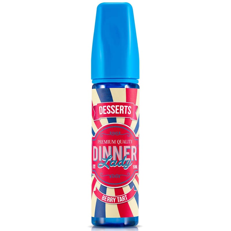 Flacon de 50ml d'e-liquide Dinner Lady Berry Tart avec bouchon bleu et étiquette vintage rouge, blanche et bleue.