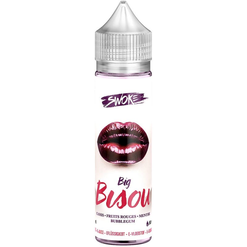 Flacon de e-liquide Swoke Big Bisou 50ml avec étiquette illustrée de lÚvres brillantes sur fond blanc et bouchon transparent.
