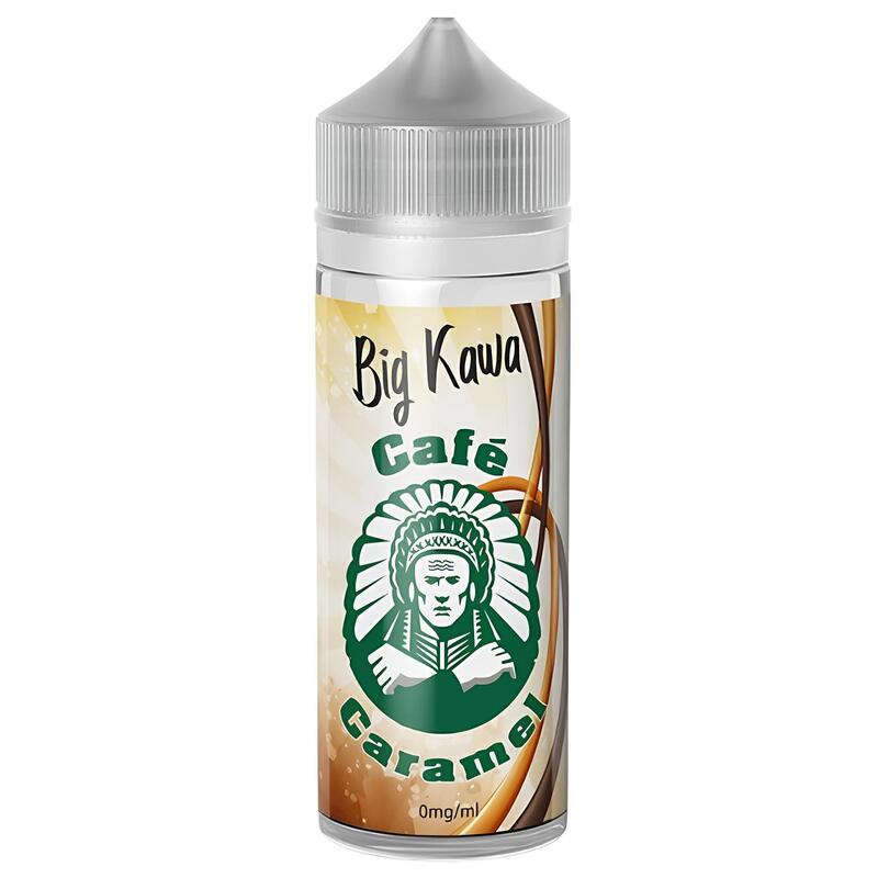 Flacon de e-liquide Big Kawa Café Caramel O'JLab avec étiquette illustrée d'un chef indien et bouchon blanc.