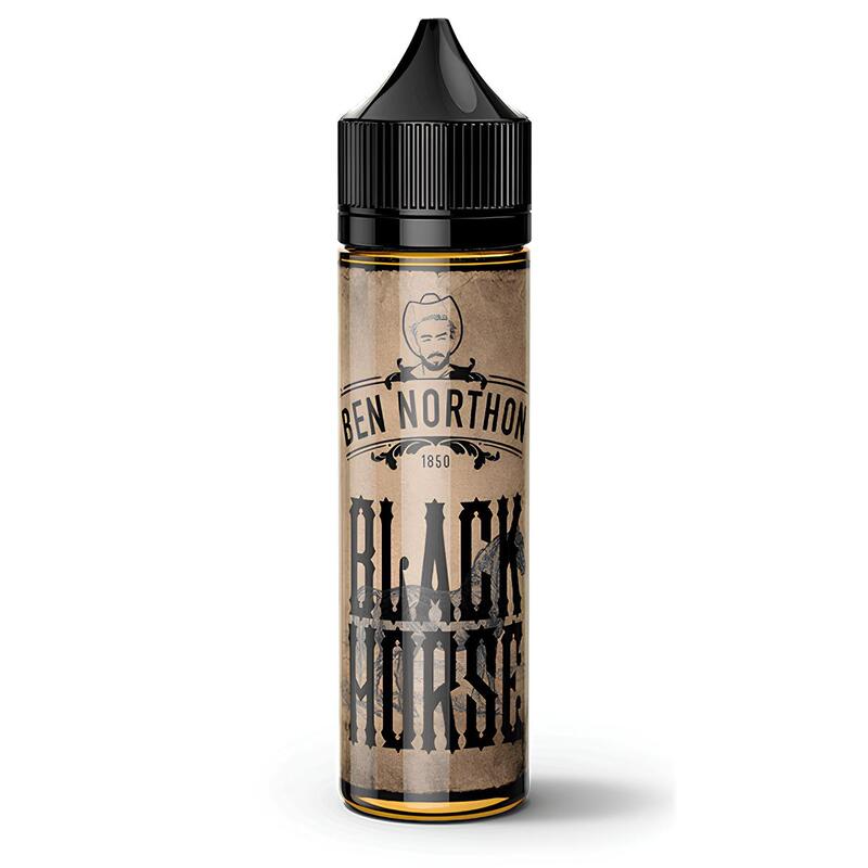 Flacon d'e-liquide Ben Northon Black Horse 50ml avec étiquette vintage beige, typographie western et bouchon noir.