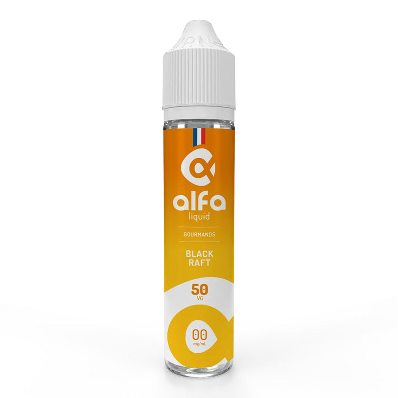 Flacon d'e-liquide Alfaliquid Black Raft 50ml avec étiquette orange et blanche, bouchon blanc, sur fond blanc.