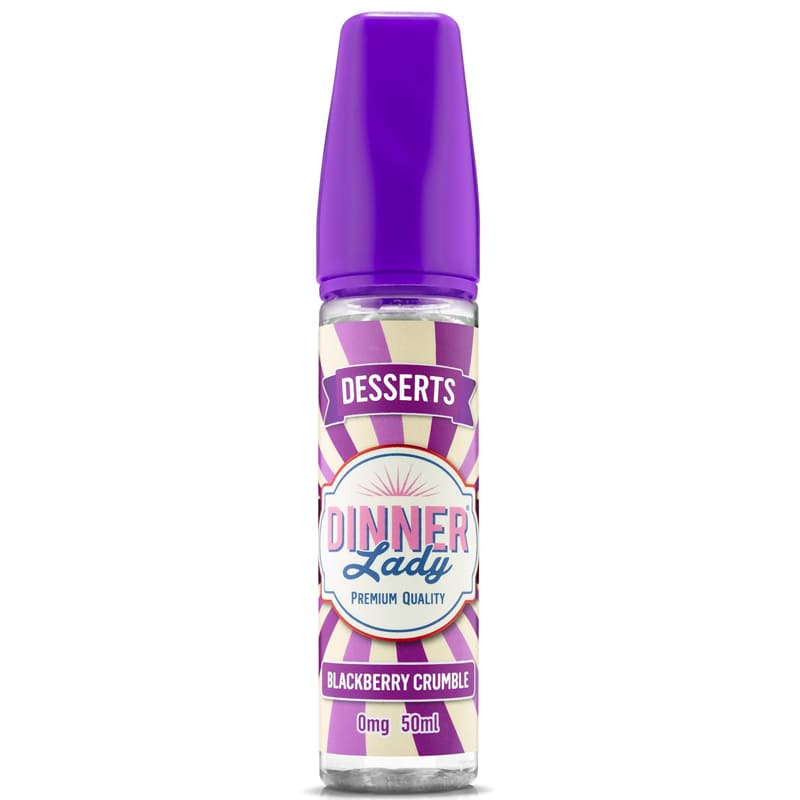 Flacon de 50ml d'e-liquide Dinner Lady Blackberry Crumble avec bouchon violet et étiquette vintage rayée.