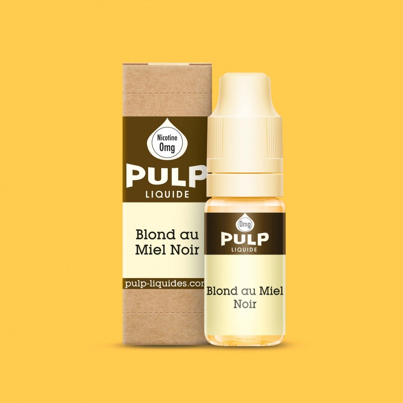 Flacon d'e-liquide 10ml PULP Blond au Miel Noir avec sa boîte en carton kraft sur fond jaune.