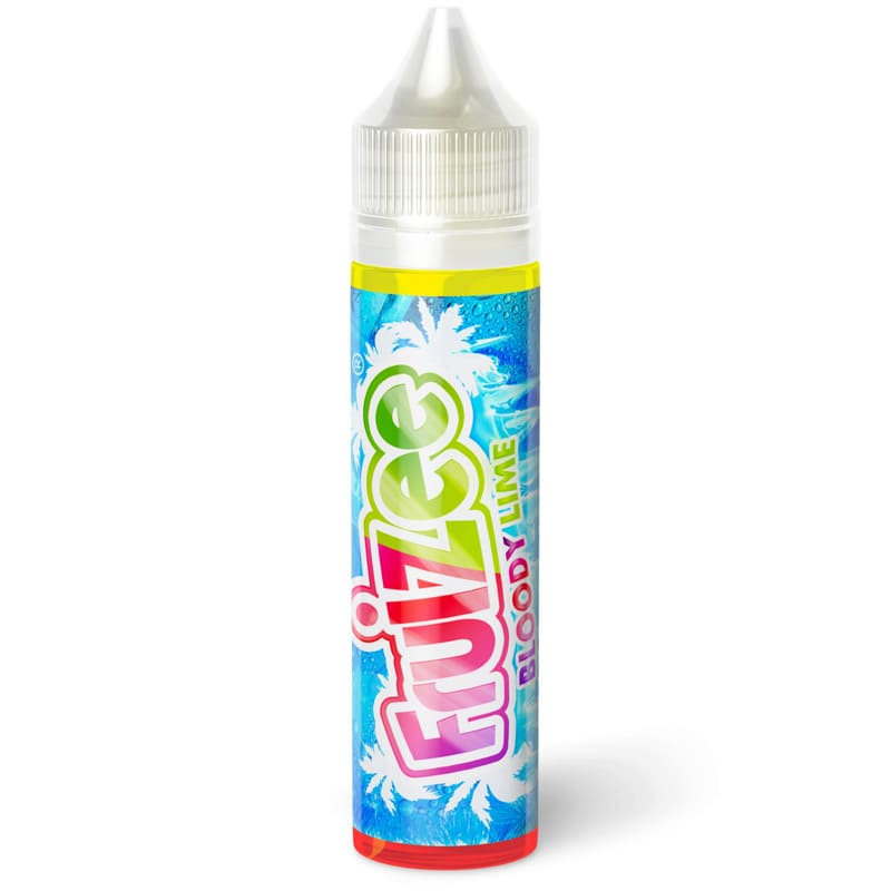 Flacon de 50ml d'e-liquide Fruizee Bloody Lime avec étiquette bleue aux motifs de palmiers et bouchon transparent.