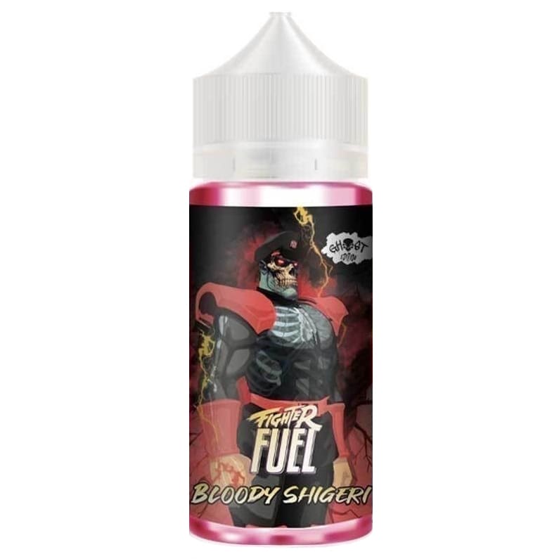 Flacon d'e-liquide Fighter Fuel Bloody Shigeri avec étiquette illustrée d'un personnage de guerrier squelette sur fond rouge.