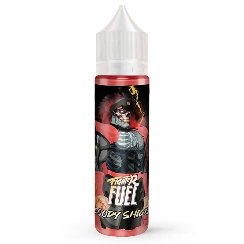Flacon de e-liquide Fighter Fuel Bloody Shigeri avec étiquette illustrée d'un personnage guerrier sur fond rouge.
