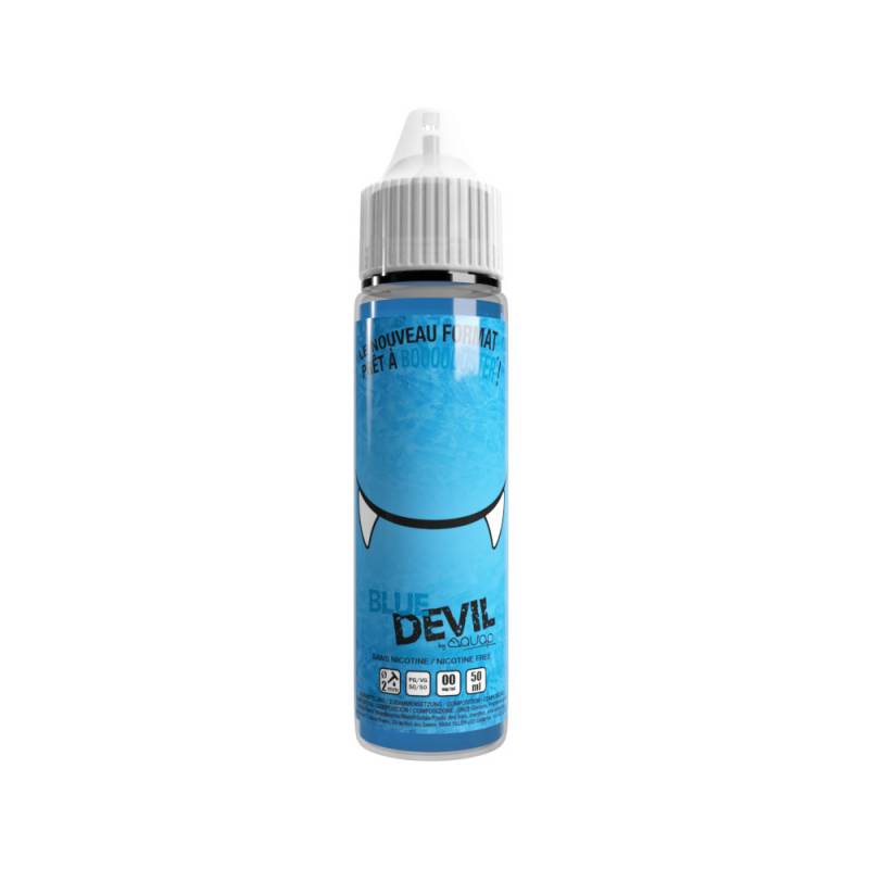 Flacon de e-liquide Blue Devil 50ml AVAP avec étiquette bleue, motif de crocs blancs et bouchon compte-gouttes transparent.