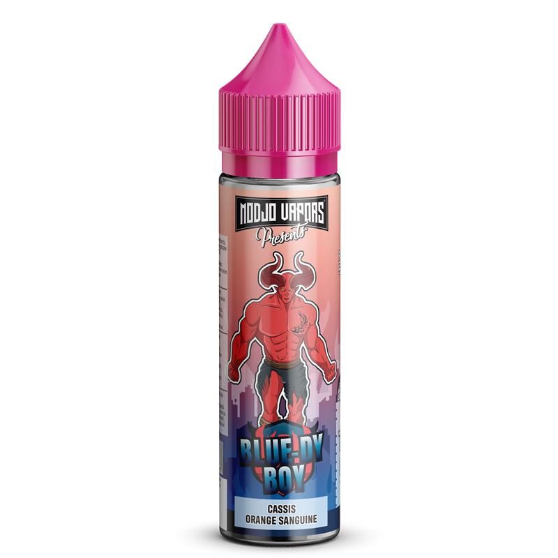 Flacon d'e-liquide Blue-Dy Boy 50ml avec bouchon rose, étiquette illustrée d'un personnage rouge et dégradé bleu-orangé.