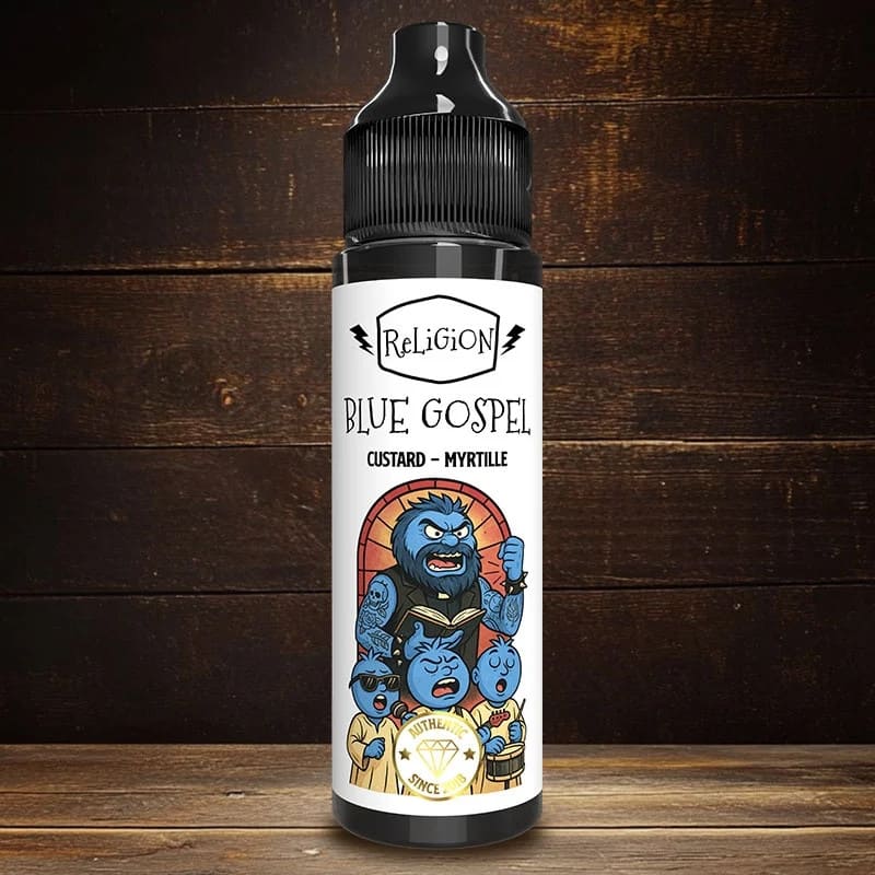 Flacon de 50ml d'e-liquide Blue Gospel Religion Juice avec étiquette illustrée sur fond de bois sombre.