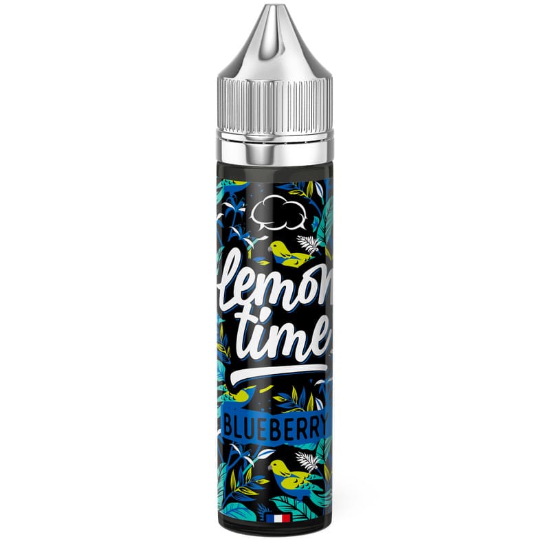 Flacon de 50ml Lemon'Time Blueberry avec étiquette noire illustrée de myrtilles, feuilles tropicales et perroquets colorés.