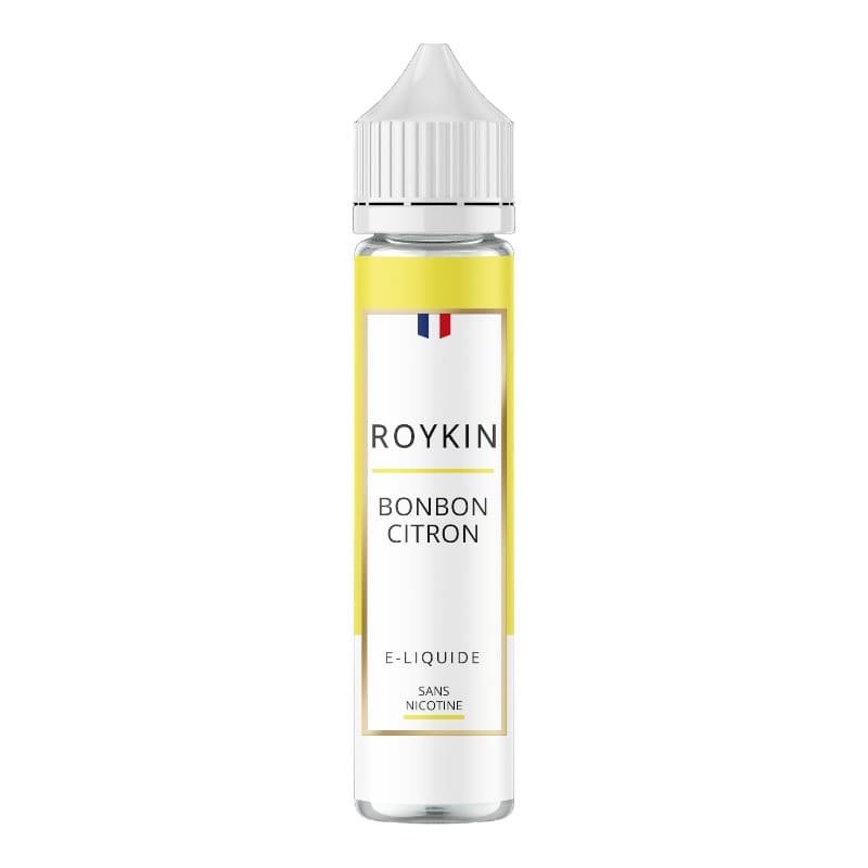 Flacon d'e-liquide Roykin Bonbon Citron 50ml avec étiquette jaune et blanche sur fond transparent.