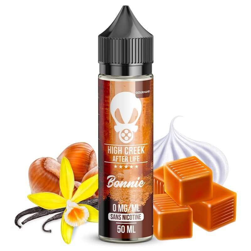 Flacon de 50ml d'e-liquide High Creek Bonnie avec bouchon noir, entouré de noisettes, d'une fleur de vanille, de caramel et de meringue.