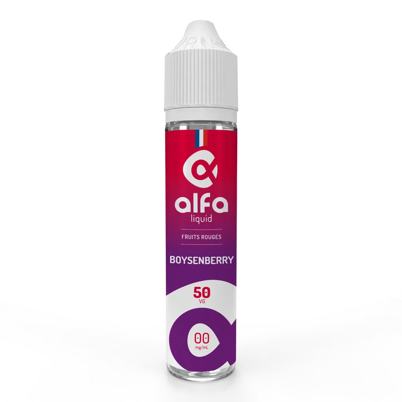 Flacon d'e-liquide Alfaliquid Boysenberry 50ml, étiquette dégradée rouge et violette avec bouchon blanc sécurisé.