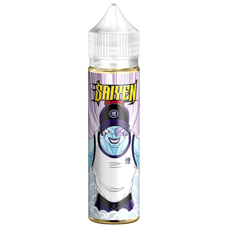 Flacon de 50ml d'e-liquide Saiyen Vapors Breezer avec illustration de personnage manga sur fond violet et bouchon blanc.
