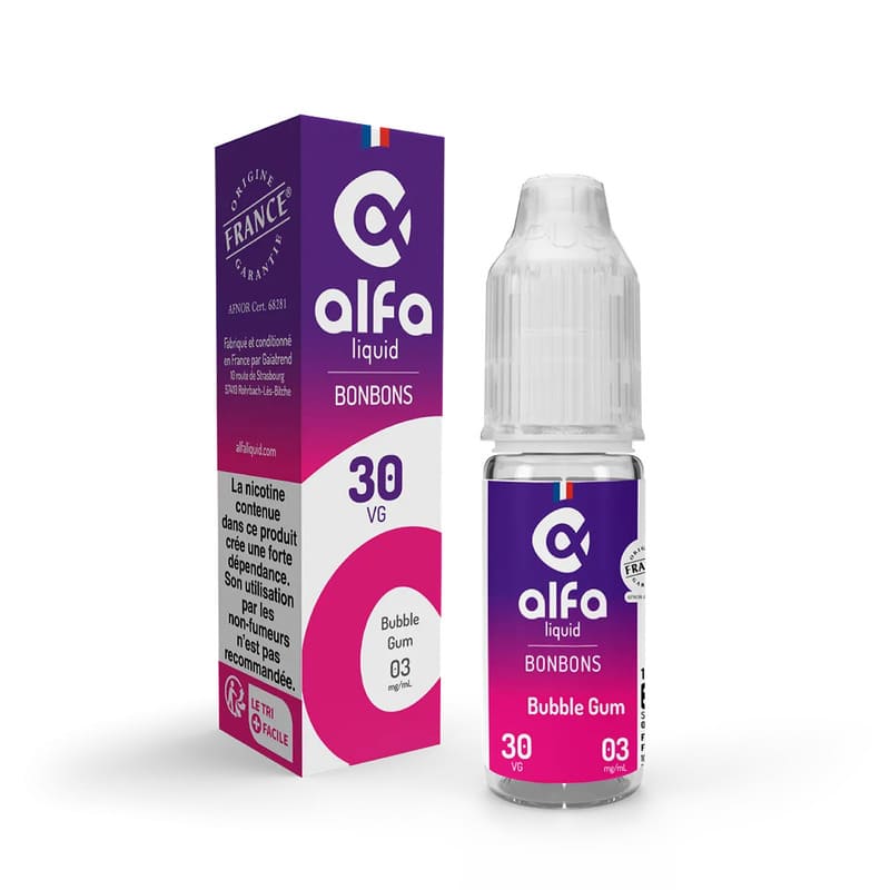 Flacon de 10ml d'e-liquide Alfaliquid Bubble Gum avec sa boîte violette et rose, design gourmand et fruité.
